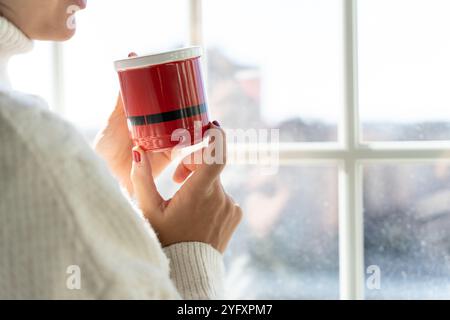 Une belle femme brune regarde par la fenêtre avec une tasse chaude par une journée froide Banque D'Images