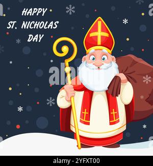 Mignon Saint Nicolas ou Sinterklaas. Joyeux, carte de voeux Nicholas Day. Personnage de dessin animé mignon. Illustration vectorielle Illustration de Vecteur