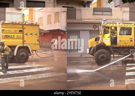 Aldaia, Espagne. 4 novembre 2024. Des pompiers de Castilla y LeÃ³n nettoyent les rues d’Aldaia après le Dana qui a laissé des centaines de morts et des milliers de disparus. Le Dana qui a commencé le 29 octobre en Espagne a fait 217 morts jusqu'à présent, la plupart à Valence, et des milliers de disparus. Les pompiers, le personnel de l'UEM et les sauveteurs continuent de rechercher des corps dans les parkings et les lits des rivières. (Crédit image : © Ximena Borrazas/SOPA images via ZUMA Press Wire) USAGE ÉDITORIAL SEULEMENT! Non destiné à UN USAGE commercial ! Banque D'Images