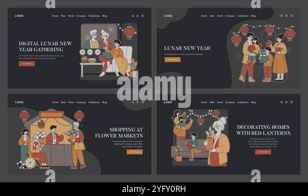 Ensemble du nouvel an lunaire. Célébrations en rassemblements numériques, échanges de cadeaux, visites de marchés et décorations de lanternes illustrées sur quatre scènes. Illustration vectorielle. Illustration de Vecteur