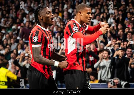 Madrid, Espagne, Espagne. 5 novembre 2024. Malick THIAW de l'AC Milan célèbre son but avec Rafael LEAO de l'AC Milan lors du match MD4 de l'UEFA Champions League entre le Real Madrid CF et l'AC Milan au stade Santiago Bernabeu le 05 novembre 2024 à Madrid, Espagne. (Crédit image : © Matthieu Mirville/ZUMA Press Wire) USAGE ÉDITORIAL SEULEMENT! Non destiné à UN USAGE commercial ! Banque D'Images