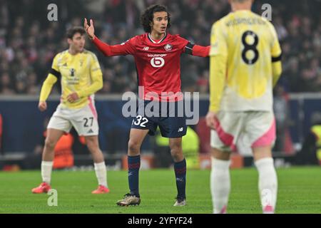 Ayyoub Bouaddi (32 ans) de Lille réagit lors d'un match de football entre le Club sportif Olympique français de Lille et la Juventus italienne lors de la phase de Ligue des Champions de l'UEFA jour 4 de la saison 2024-25, le mardi 5 novembre 2024 à Lille , France . PHOTO SPORTPIX | David Catry Banque D'Images