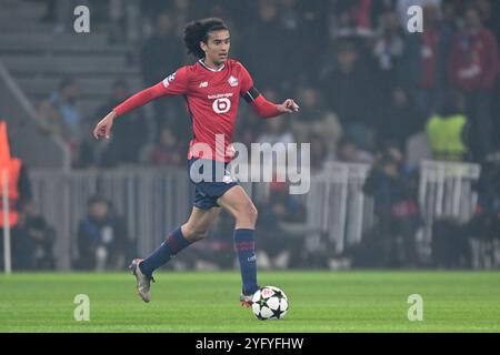 Lille, France. 05 novembre 2024. Ayyoub Bouaddi (32 ans) de Lille lors d'un match de football entre le Club sportif Olympique français de Lille et la Juventus italienne lors de la phase de la Ligue des Champions de l'UEFA jour 4 de la saison 2024-25, le mardi 5 novembre 2024 à Lille, France . Crédit : Sportpix/Alamy Live News Banque D'Images