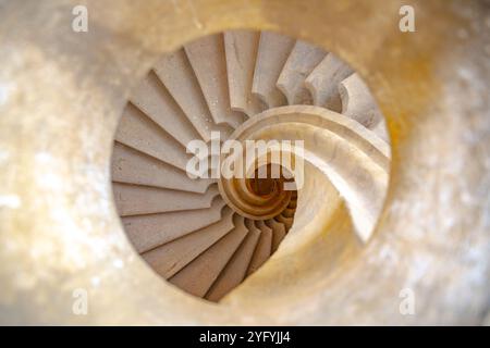 L'escalier hélicoïdal présente des marches lisses et courbes qui montent élégamment, mettant en valeur une architecture complexe. La conception en spirale attire le regard vers le haut dans un affichage étonnant de savoir-faire artisanal. Banque D'Images