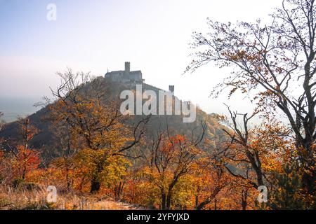 Le château de Bezdez se dresse fièrement au sommet d'une colline, entouré d'un feuillage d'automne vibrant. L'architecture gothique contraste magnifiquement avec les arbres colorés, capturant l'essence d'un jour d'automne serein. Banque D'Images