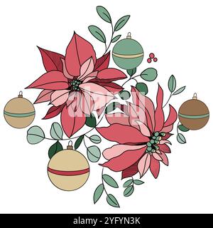 Illustration avec poinsettia rouge et boules de Noël Banque D'Images