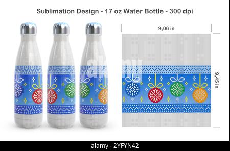 Motif drôle de boules de Noël tricotées. Modèle de sublimation sans couture pour bouteille d'eau de 17 oz. Illustration de sublimation. Sans couture d'un bord à l'autre. Banque D'Images