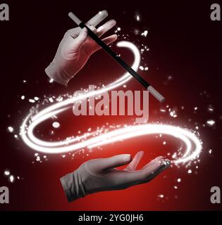 Magicien montrant astuce avec baguette magique sur fond de couleur Banque D'Images