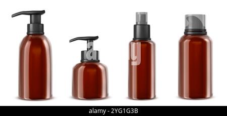 Récipients en verre ambré de différentes formes avec distributeurs à pompe et buses de pulvérisation. Ensemble réaliste 3d de maquette pour emballage professionnel brun avec des casquettes foncées pour lotions, sérums, shampooings ou cosmétiques. Illustration de Vecteur