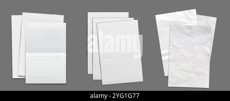 Différentes feuilles de papier définies sur fond gris. Pages de carnet lignées, modèles de grille quadrillée et documents vierges froissés avec effets d'ombre réalistes pour l'écriture, l'esquisse et la maquette de conception créative Illustration de Vecteur