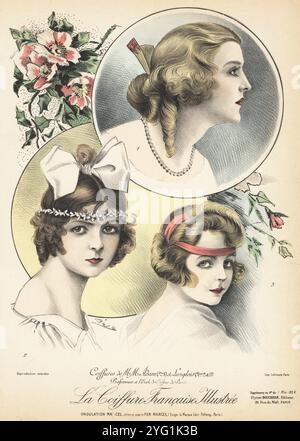 Coiffures par Adam 1, et Langlois 2,3, professeurs à l'Ecole de coiffure de Paris. Femmes en coiffures courtes avec des vagues et des boucles Marcel, décorées de rubans, noeuds, guirlandes de bijoux et épingles à cheveux. Coiffures de MM Adam et Langlois, professeurs a l'Ecole de coiffure de Paris. Chromolithographie par Geo de la coiffure française illustrée, revue française de coiffure éditée par Ulysse Boucoiran, 33 rue de mail, Paris, mars 1924. Banque D'Images