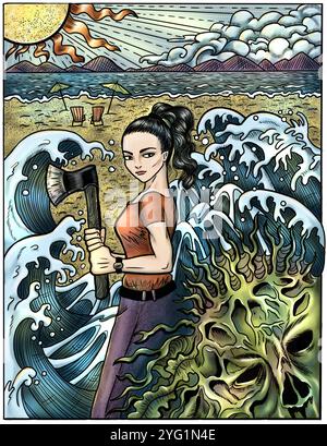 Illustration de dessin animé dessinée à la main avec concept d'apocalypse zombie pour couverture de livre d'horreur. Belle fille avec hache combattant monstre zombie mort-vivant contre s. Banque D'Images