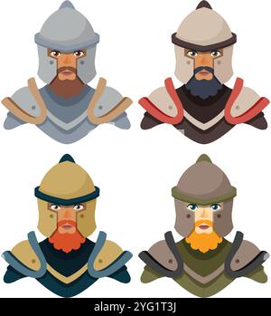 Quatre chevaliers en armure médiévale colorée Illustration de Vecteur