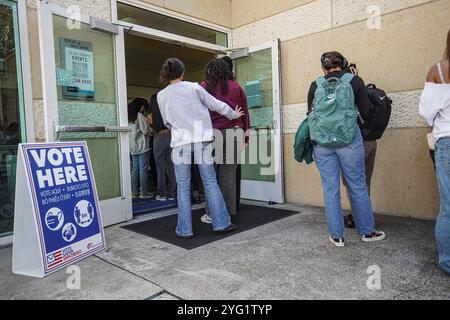 Une longue file d'attente est vue devant l'un des centres de vote de l'Université de Californie, San Diego. Aujourd'hui, le 5 novembre, est le jour des élections aux États-Unis, et c'est le dernier jour pour les citoyens de voter pour le prochain président. À travers l'Amérique, des millions de personnes se dirigent vers les centres de vote pour faire leur choix pour le leader de la nation pour les quatre prochaines années. À San Diego, en Californie, de longues files d'attente se forment dans chaque centre de vote, les gens attendent pour voter. Bien que les centres de vote ferment à 20 heures, beaucoup d'entre eux ont encore de longues files d'attente, la plupart restant occupés jusqu'à 19 heures 30 Banque D'Images