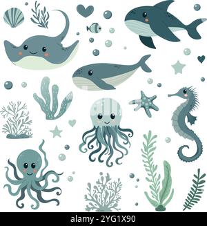 Collection d'illustration vectorielle dans le style scandinave des enfants. Orca dauphin dauphin crabe méduse poulpe poisson tortue requin crevette hippocampe Illustration de Vecteur