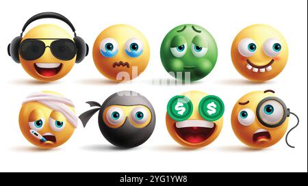 Jeu de vecteurs de caractères émoticônes emoji. Emojis écoutant de la musique, pleurs, grippe, dents drôles, malade, cambrioleur, personnages riches et criminels éléments graphiques Illustration de Vecteur