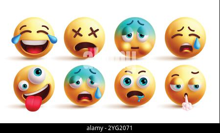 Jeu de vecteurs de caractères émoticônes emoji. Emojis heureux, fatigué, froid, pleurant, méchant, malaise, faim et soufflage face réaction collection d'émoticônes jaunes Illustration de Vecteur