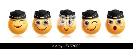 Jeu de vecteurs d'émoticônes emoji Steward. Emojis 3d métier de personnage d'agent de bord dans heureux, amical, vilain, stupide, choqué et souriant Illustration de Vecteur