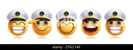 Jeu vectoriel de personnages émoticônes marins emoji. Emojis Sea Man personnage dans heureux, amical, mignon, salut, souriant et inspiré émoticônes face 3d rond Illustration de Vecteur