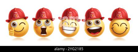 Jeu vectoriel de personnages émoticônes de pompier emoji. Emojis 3d profession de personnage de pompier dans mignon, heureux, approuvé, choqué, amical, souriant Illustration de Vecteur