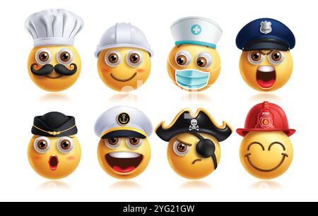 Jeu de vecteurs de caractères émoticônes professionnels emoji. Emojis carrière 3d personnage comme chef, ingénieur, infirmière, médecin, police, hôtesse et pirate Illustration de Vecteur