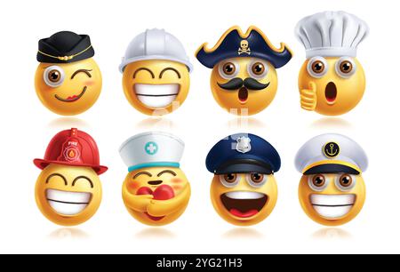 Jeu vectoriel de personnages d'émoticône de carrière emoji. Emojis professionnels caractère 3d comme hôtesse de l'air, ingénieur, pirate, chef, pompier, infirmière, police Illustration de Vecteur