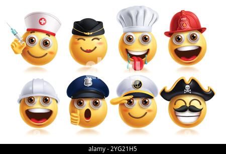 Jeu vectoriel de personnages d'émoticône de carrière emoji. Emojis professionnels caractère 3d comme infirmière, agent de bord, chef, pompier, ingénieur, police, marine Illustration de Vecteur