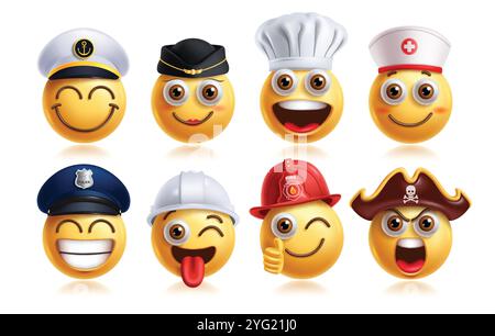 Jeu de vecteurs de caractères émoticônes professionnels emoji. Emojis carrière 3d personnage comme chef, infirmière, police, ingénieur, pompier, pirate et docteur en rond Illustration de Vecteur