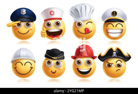 Jeu de vecteurs de caractères émoticônes professionnels emoji. Emojis personnage de carrière comme la police, infirmière, chef, marine, ingénieur, hôtesse, pompier et pirate Illustration de Vecteur