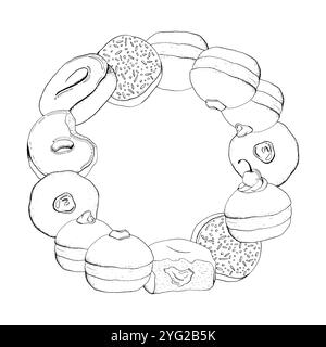 Beignets noirs et blancs avec garnitures couronne ronde Illustration de Vecteur