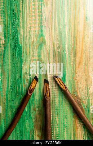 Ensemble de roseaux de calligraphie couvert d'encre sur fond de bois. Encre pour stylo à roseaux pour écrire la calligraphie arabe Banque D'Images