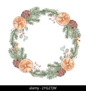 Couronne de Noël avec plantes d'hiver et tranches d'orange sèches. Cadre circulaire. Illustration botanique dessinée à la main de branches de sapin, eucalyptus, cônes de pin et Banque D'Images