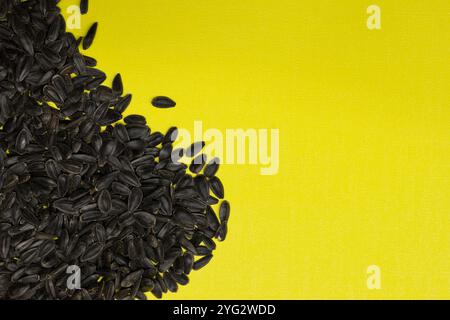 Nourriture entière de graines de tournesol d'huile noire dispersée sur fond jaune avec espace de copie. Banque D'Images