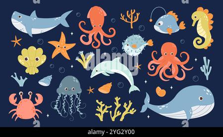 Ensemble d'animaux sous-marins de la mer et de l'océan Illustration de Vecteur
