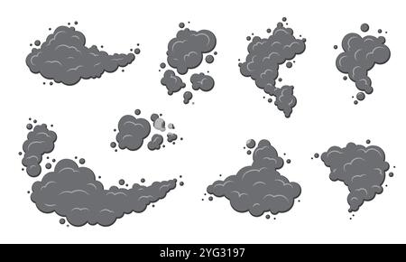 Ensemble de nuages de fumée plats. Fumée, smog, nuages de poussière. Illustration de Vecteur