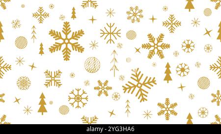 flocons de neige dorés sans couture et arbres de noël, avec des éléments géométriques festifs avec étoiles et boule Illustration de Vecteur