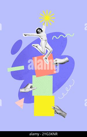 Composite tendance illustration croquis photo collage de geste poignet main tenir cube fragment coloré silhouette jeune femme saut en hauteur soleil Banque D'Images