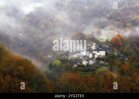 Vue du village de Corippo dans le brouillard entouré d'arbres feuillus de couleur automnale, vallée de Verzasca, canton du Tessin, Suisse, Europe Banque D'Images