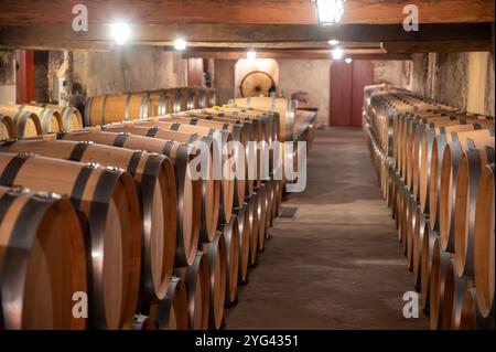 Cave à vin avec fûts de chêne français pour le vieillissement du vin rouge issu du cépage Cabernet Sauvignon, vignobles du Haut-Médoc à Bordeaux, rive gauche de G. Banque D'Images