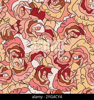 Motif fleuri sans couture avec roses roses roses. Style de dessin animé. Conception pour tissu, textile, papier. Fleurs colorées sur fond de couleur. Illustration vectorielle Illustration de Vecteur
