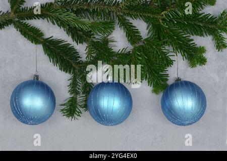 Brindille de Noël et trois, boules de Noël bleues sur fond gris. Banque D'Images