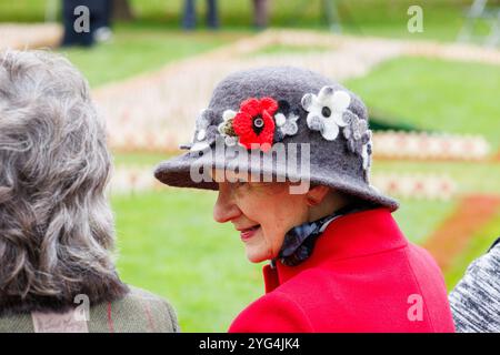 Ouverture du champ de coquelicots commémoratifs à l'Arboretum commémoratif national novembre 2024. Des coquelicots ont été placés dans le champ pour se souvenir de ceux qui ont été perdus dans les guerres mondiales et les conflits. Un service a eu lieu et deux membres du groupe 'talent in the Ranks', Lee Wright (lecture d'un poème) et Michael Lauchlan (interprétation d'une chanson) pendant le service commémoratif. Banque D'Images