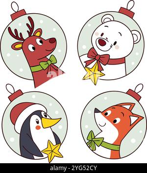 Décorations festives de dessins animés mettant en vedette un renne, un ours polaire, un pingouin et un renard célébrant l'esprit des fêtes Illustration de Vecteur