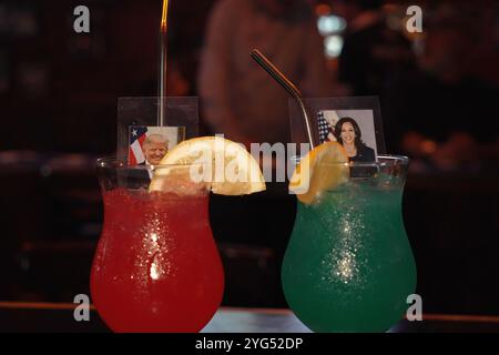 JÉRUSALEM - 6 NOVEMBRE : des boissons alcoolisées avec des photos du candidat républicain à la présidence, l'ancien président Donald Trump et du candidat démocrate à la présidence, le vice-président Kamala Harris, sont exposées au bar Mike's place lors d'une soirée de veille électorale le 6 novembre 2024 à Jérusalem. Les Américains ont voté aujourd’hui dans la course présidentielle entre le candidat républicain, l’ancien président Donald Trump, et le candidat démocrate, le vice-président Kamala Harris, ainsi que lors de multiples élections étatiques qui détermineront l’équilibre des pouvoirs au Congrès. Banque D'Images