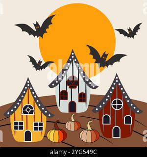 Une scène fantaisiste d'Halloween avec trois maisons adorables chacune avec des caractéristiques uniques comme des rayures à pois et des fenêtres Illustration de Vecteur