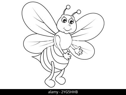 Adorable dessin animé noir et blanc Bee Vector Flat Designs, idéal pour les pages de coloriage, isolé sur fond blanc Illustration de Vecteur