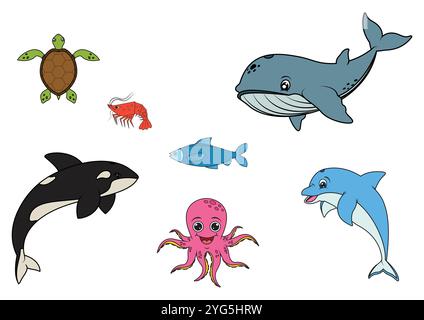 Collection d'animaux marins dans un style plat isolé sur fond blanc. Illustration vectorielle de poisson, crevette, baleine, dauphin, poulpe, orca. Illustration de Vecteur