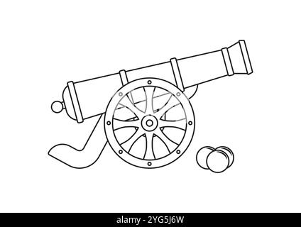 Conception plate de vecteur de canon de pirate antique noir et blanc isolé sur fond blanc. Coloriage du canon Illustration de Vecteur