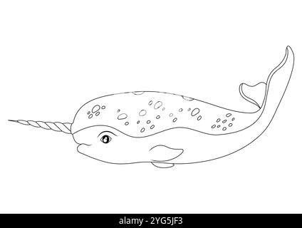 Noir et blanc Narwhal Vector Flat Designs, parfait pour les pages de coloriage et la créativité des enfants étincelants, isolé sur fond blanc Illustration de Vecteur