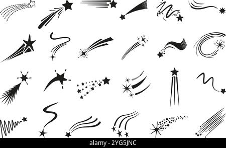 Silhouettes noires d'étoiles tombantes. Icônes d'étoiles avec des queues et des traînées. Comètes volantes de différentes formes, galaxies ou éléments d'univers. Starburst néotérique Illustration de Vecteur